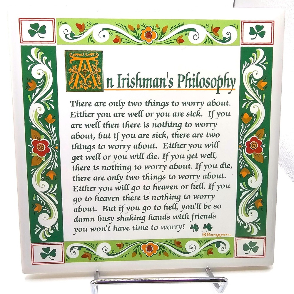 Vintage Berggren An Irishmans Philosophy Ceramic Tile Wall Hanging Decor 6x6